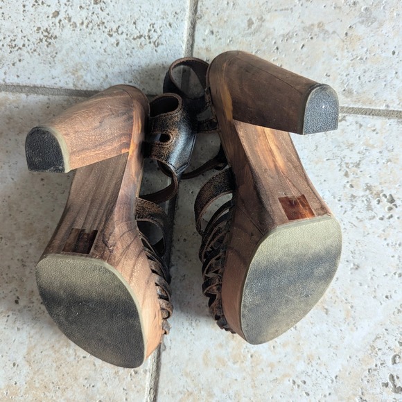 Five Worlds by Cordani Woven Leather Platform Sandals Brown Wood Heel Womens 7 - Picture 6 of 8